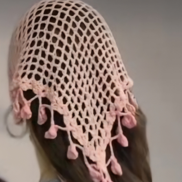 Hand-made White Mesh Hair Kerchief/Bandana with Tassel Trim - Picture 1 of 5